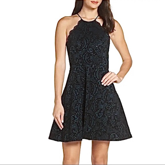 sequin hearts velvet dress Sequin Hearts Junior Velvet-Print Lace A-Line Dress 3, Women's, Black
